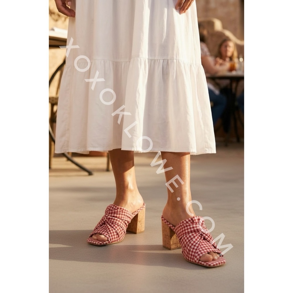 QUPID Red Gingham Knotted Mule Sandals | Checkered Block Heel Slip On Shoes - Picture 5 of 10